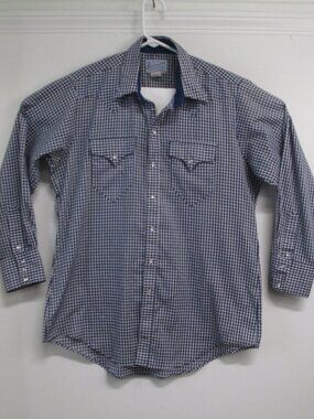 Rockmount Ranch Wear Blue Gingham Pearl Snap Shirt Mens Large Vintage 1970s